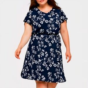 41 Hawthorn Navy Floral Belted Short Sleeve Dress Size 2X Feminine Cottagecore